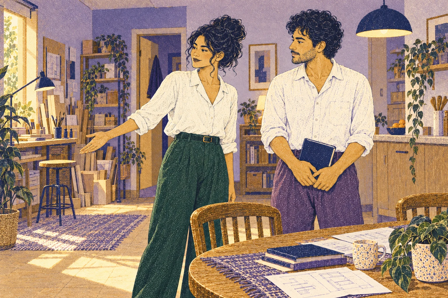 Mara gestures toward possibilities while Eli listens holding his notebook.