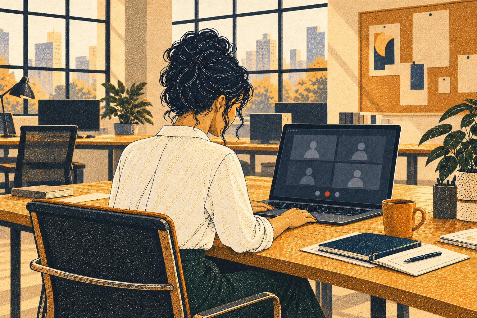 Mara's shoulders drop; both hands rest on desk after paused project. Rear over-shoulder.