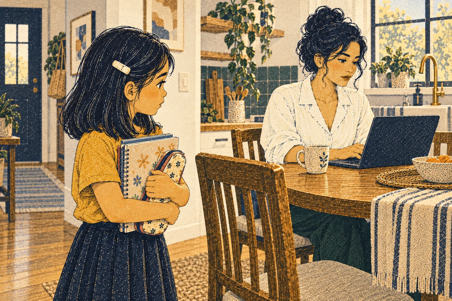 Daughter holds school supplies while mother remains unavailable. Child-height depth two-shot.