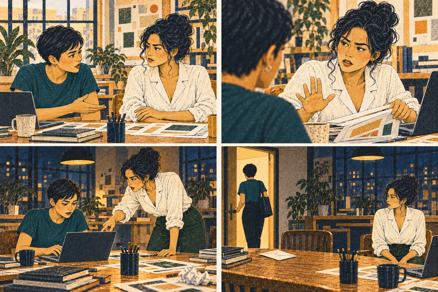 Two-shot: Lina at left questions Mara at right across their office table, direct but calm