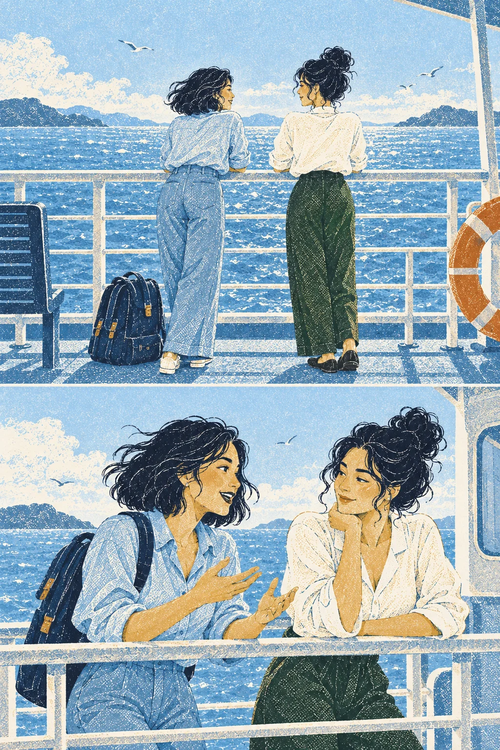 Mara meets Noor at the railing. Full-body rear ferry two-shot.