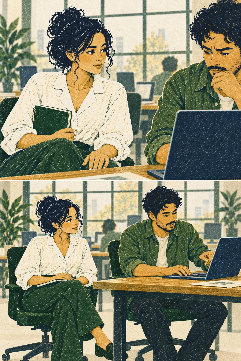 Close: Mara takes a breath before responding to a worried teammate with a laptop