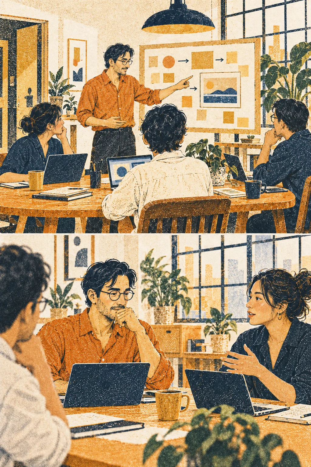 Wide: Jonas in burnt-orange shirt shares a simple process board with team, colleagues own their workstations
