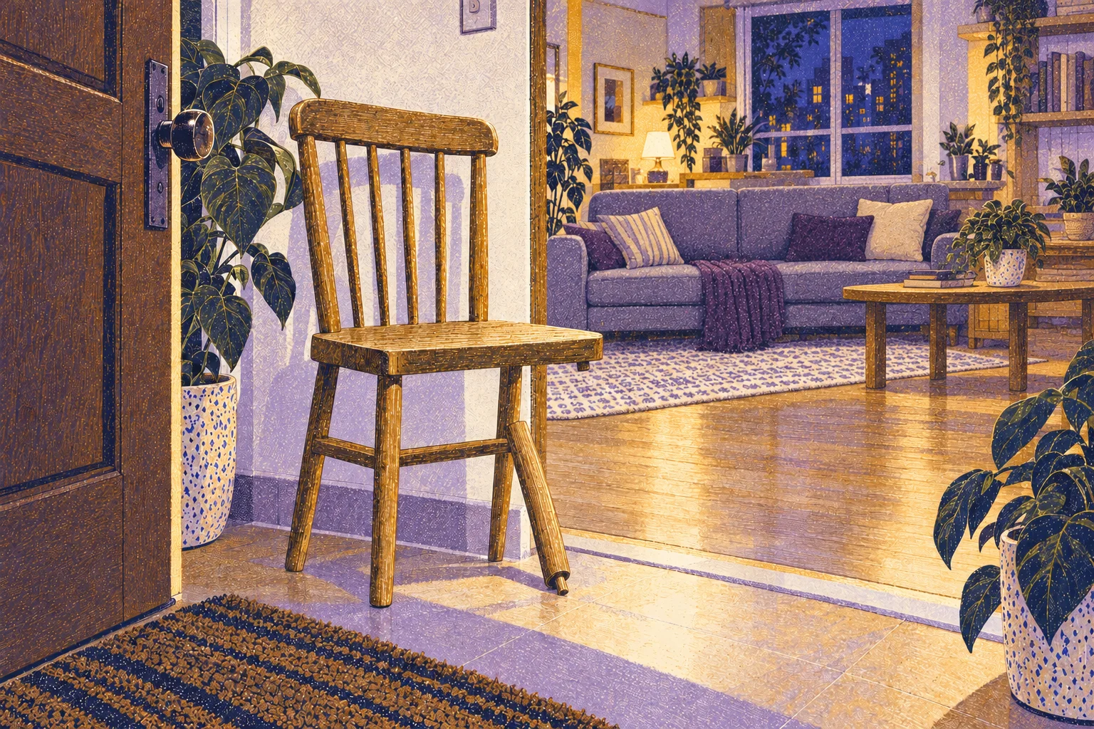 Low intimate detail: a neighbor’s plain wooden chair with one loose leg, waiting just inside an open apartment doorway, lavender shadow and warm floor