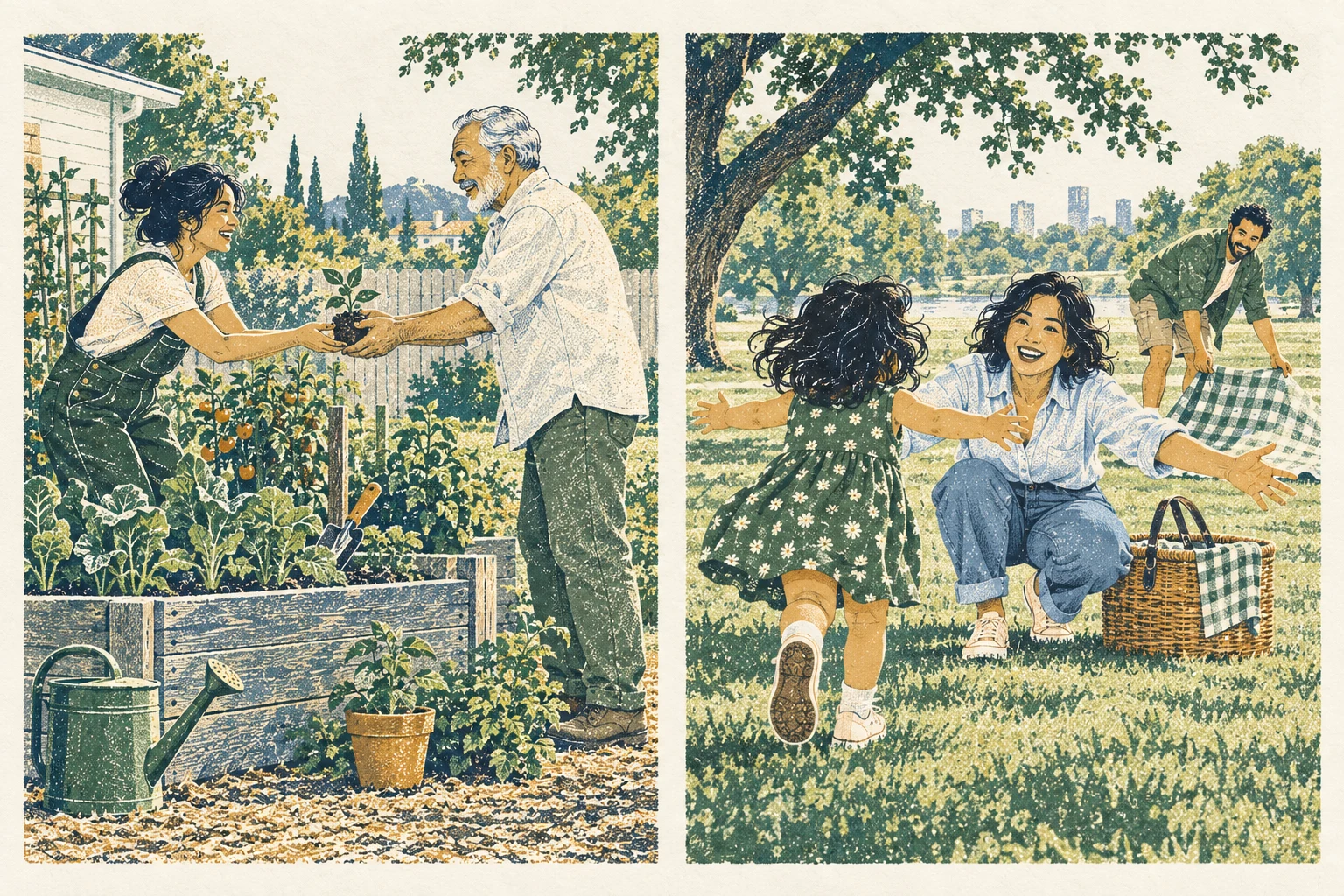 A mother sets down a picnic basket and crouches to greet her running child.
