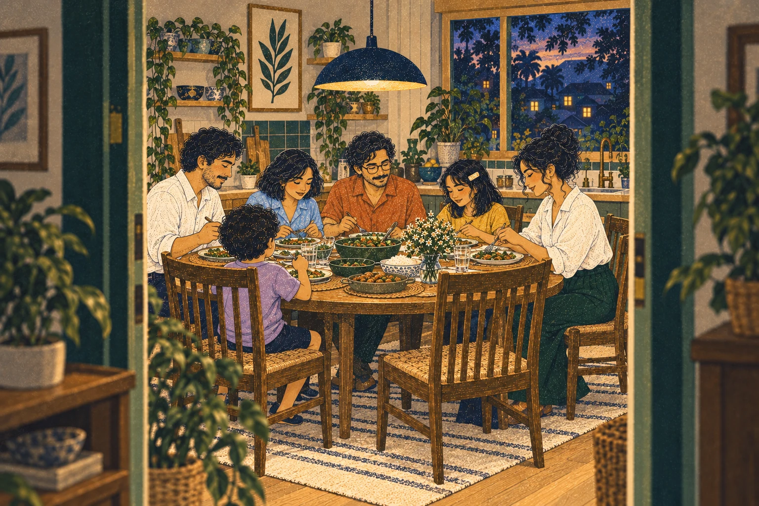 From the doorway, Mara and her friends share dinner at the familiar table, with both children.