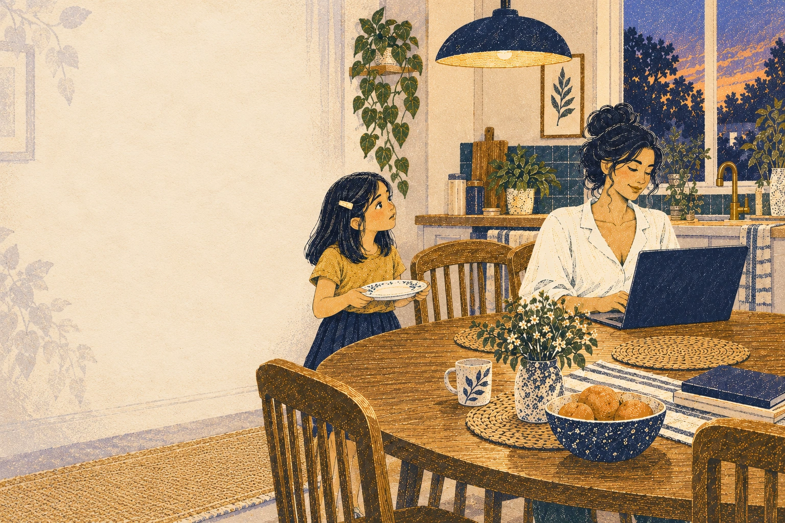 Wide: same oval kitchen table and right window; Mara is behind an open laptop, daughter stands at left holding a cream plate, an empty chair separates them