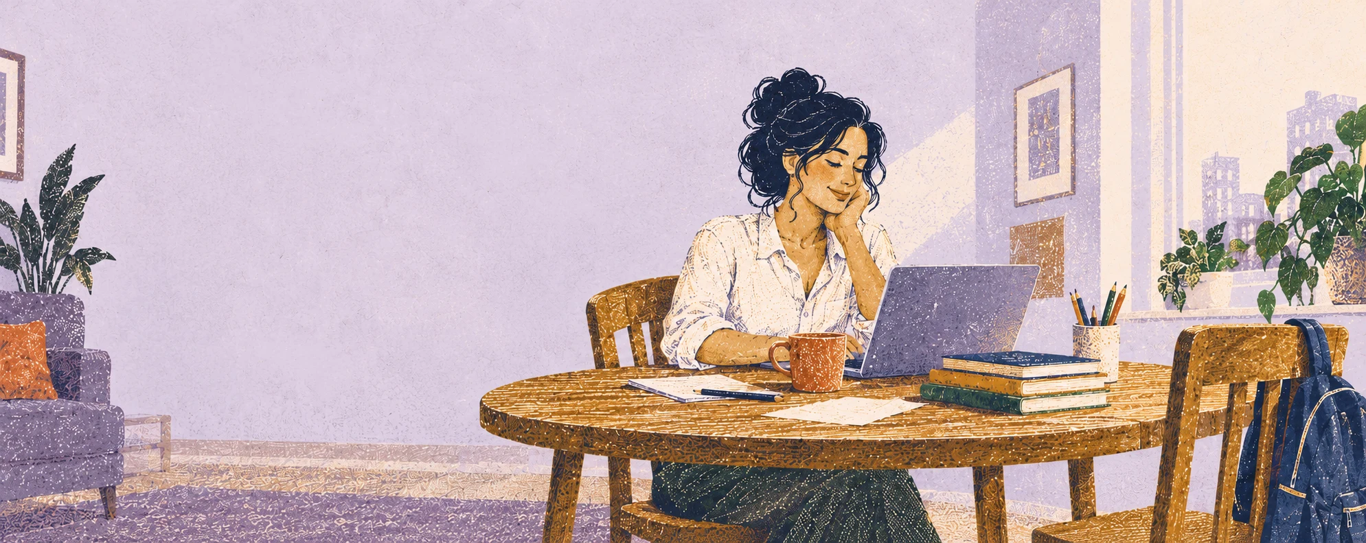Mara works at her kitchen table beside her daughter's schoolbooks and an empty chair.