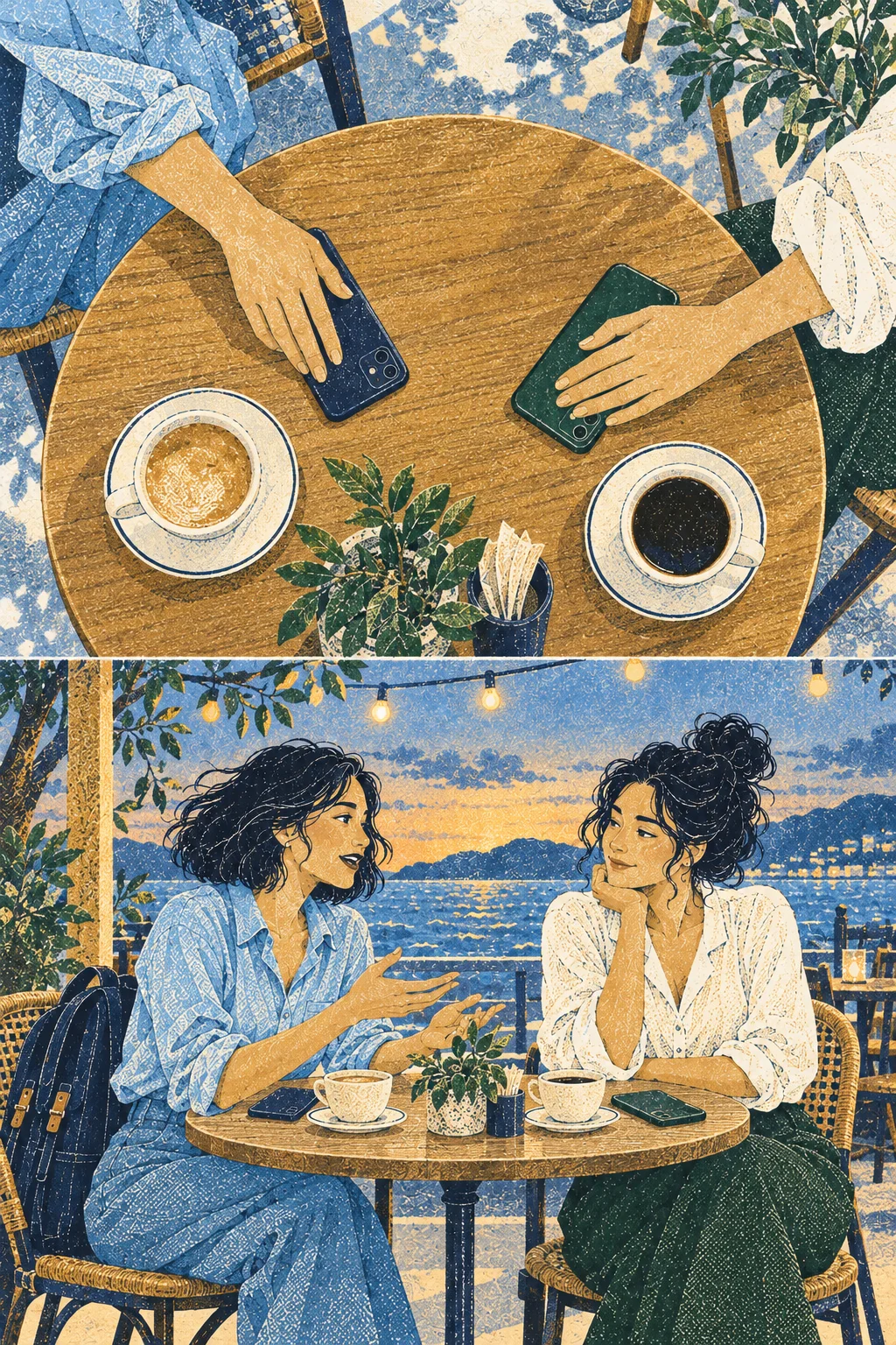 Both women turn their phones face down. Overhead detail.