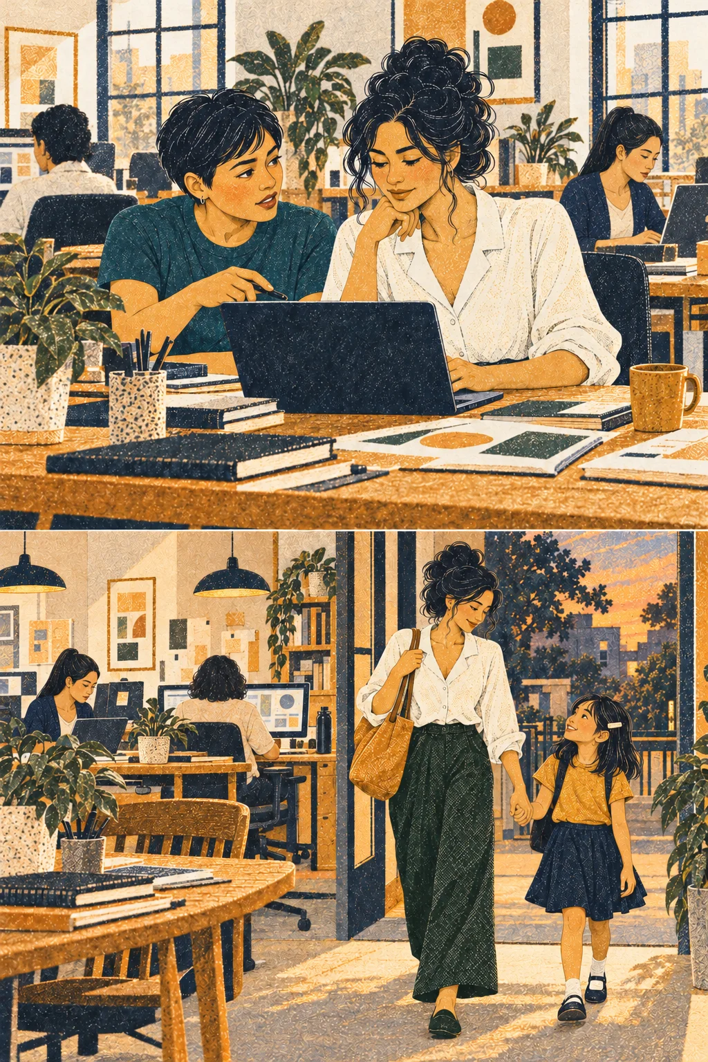 Wide: team works independently while Mara leaves on time to meet her daughter outside, warm amber room remains active