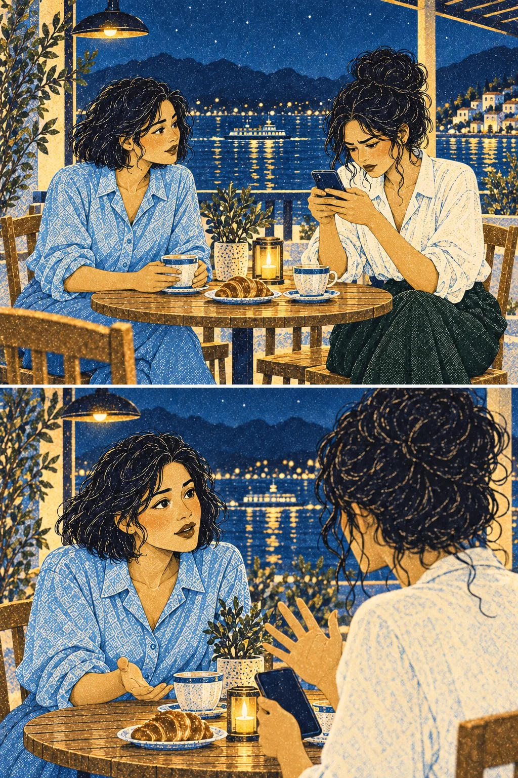 Noor watches Mara refresh for an apology. Medium café two-shot.
