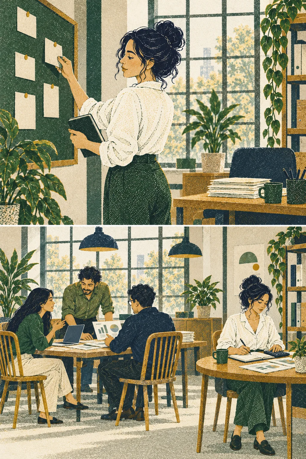 Medium: Mara works steadily in modest office, fewer commitments on board, no triumph