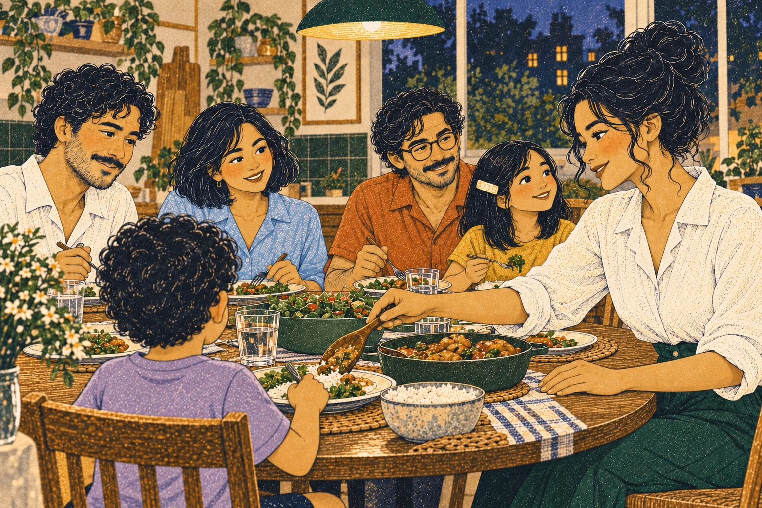 From behind Eli’s son, Mara sits beside her daughter and serves the warm meal, looking left toward the family.