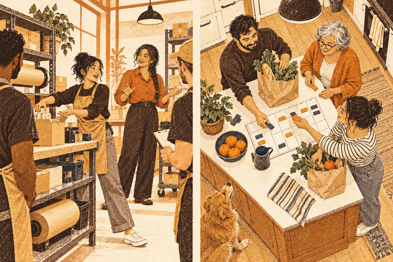 A family distributes schedule magnets and groceries around a kitchen island.