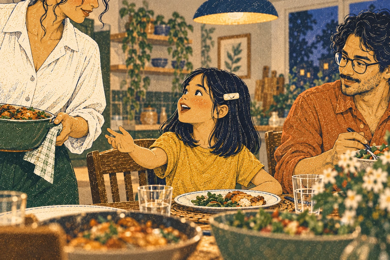 Daughter calls Mara to table. child-height close.