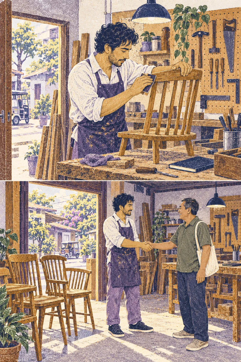 Medium: Eli repairs a wooden chair on workbench beneath a pegboard, open workshop door on left