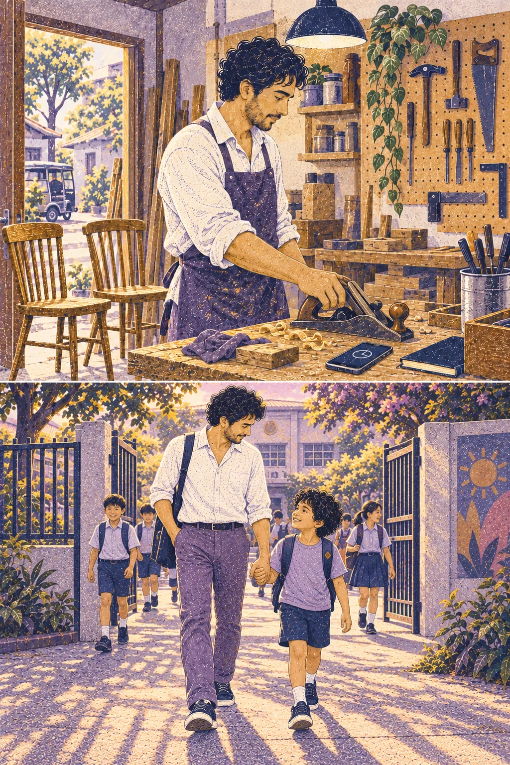 Wide: Eli and his small curly-haired son walk hand in hand away from school gate, late-afternoon violet shadows