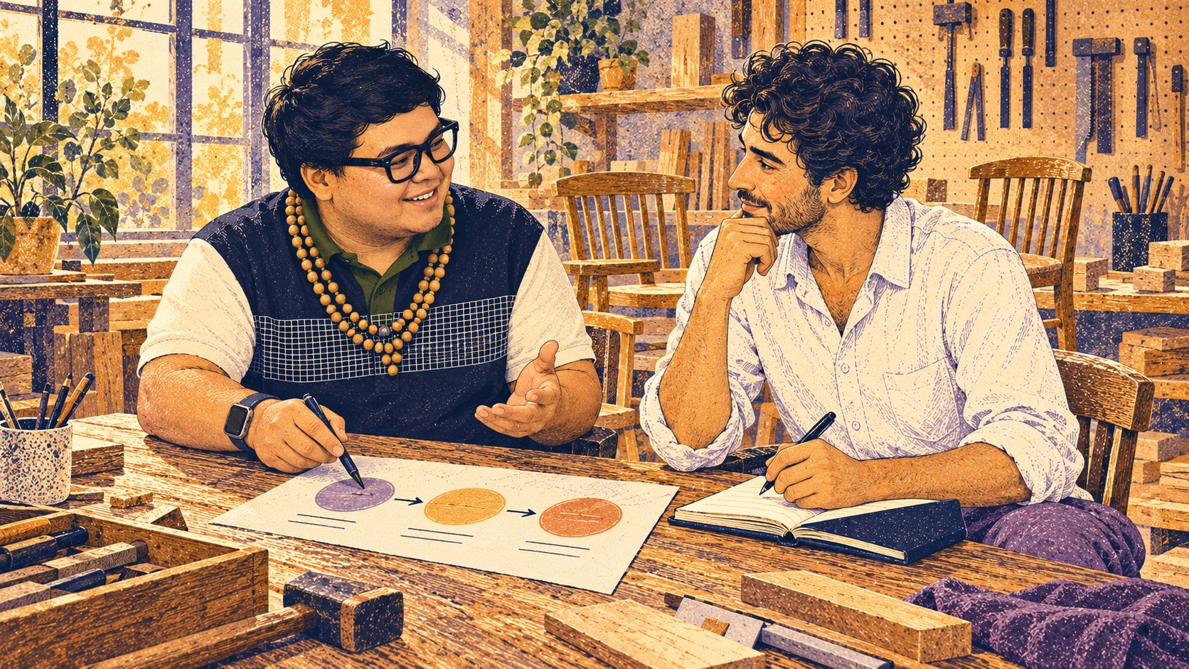 Cris Vinson in a one-to-one coaching conversation with Eli, the Villager character.