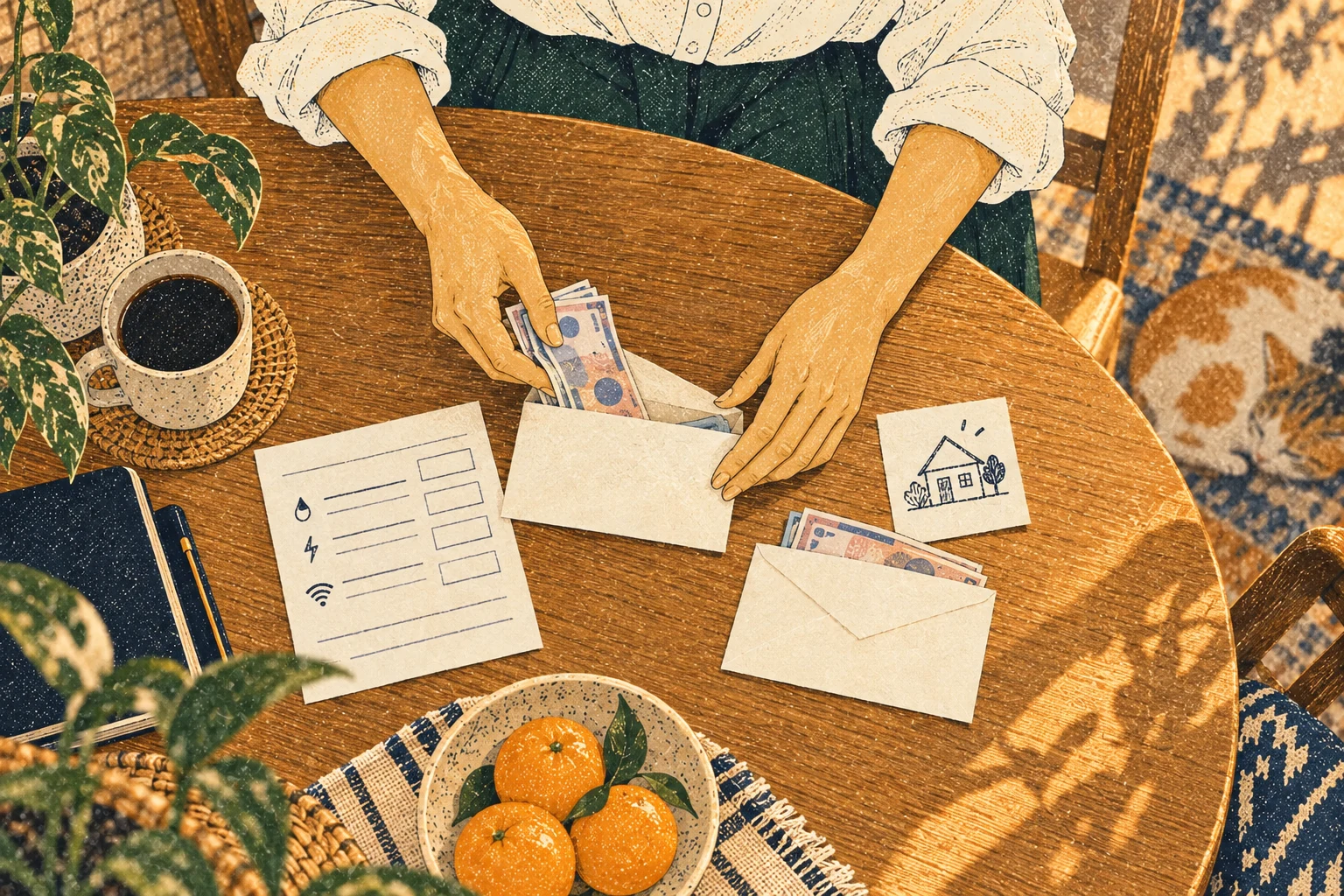 Mara allocates money to household expenses and home savings. Overhead detail.
