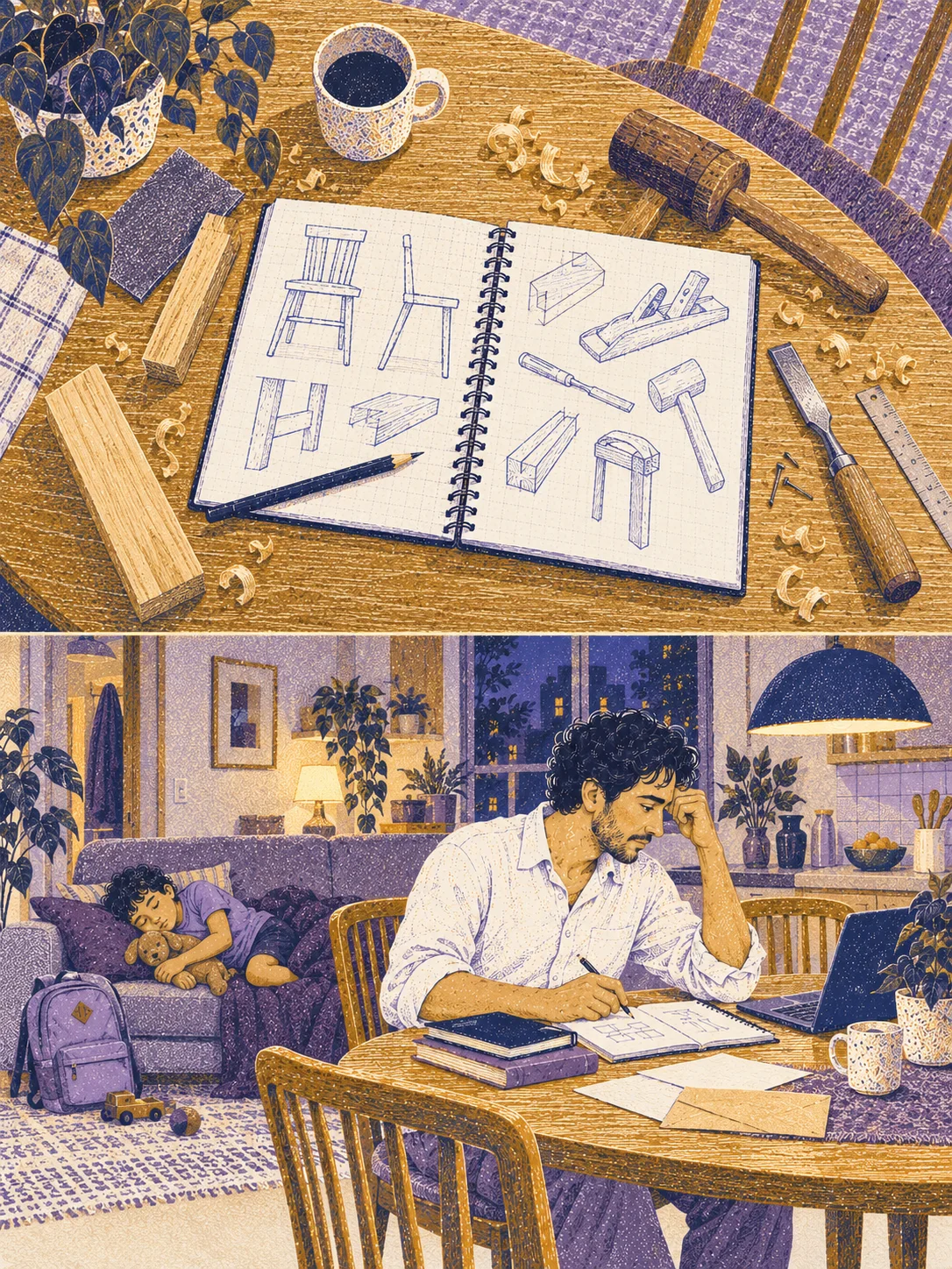 Overhead detail: Eli’s open navy notebook with simple drawings of chairs and tools, pencil and worn hand tools, no lettering