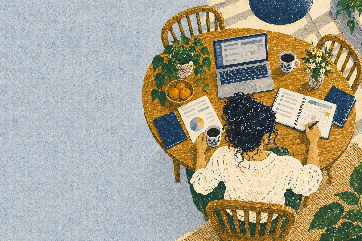 Overhead: Mara’s household budget, school calendar, work notebook and two cups arranged on oval table, no readable writing