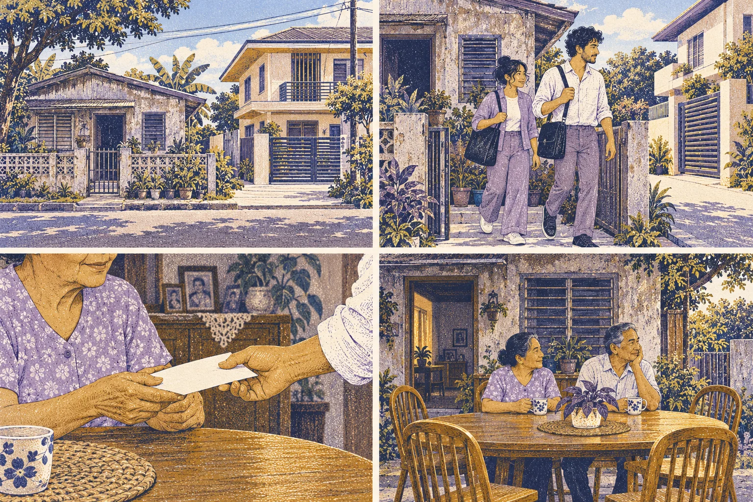 Wide: two ordinary contemporary houses, one weathered and one well-maintained, separated by a road; no palace or caricature of poverty