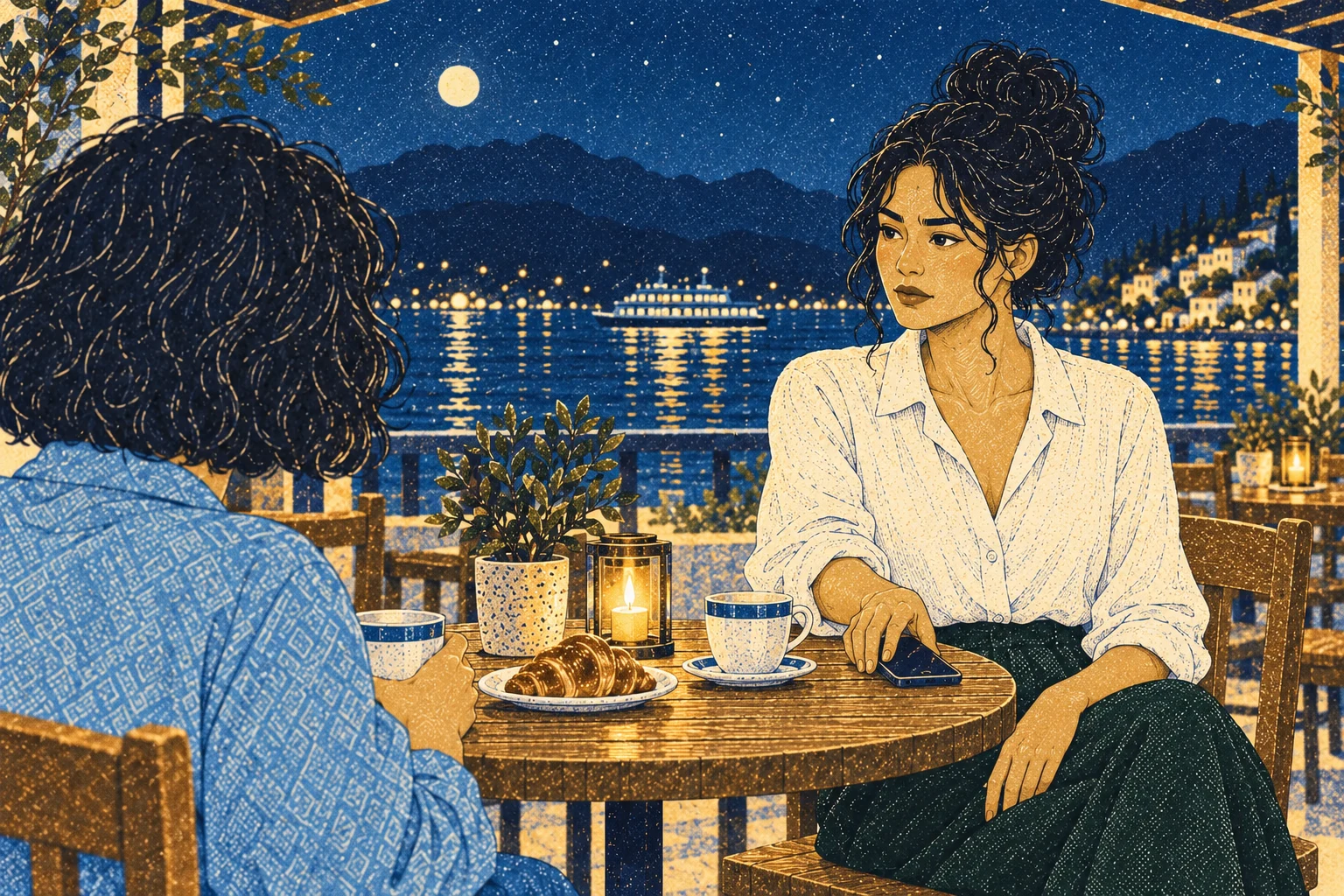 Mara stops explaining and lowers phone, same café props. Quiet medium reverse over Noor's shoulder.