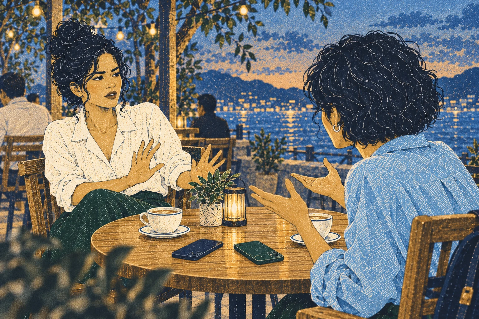 Both women justify their silence with defensive gestures. Oblique wide café over-shoulder.
