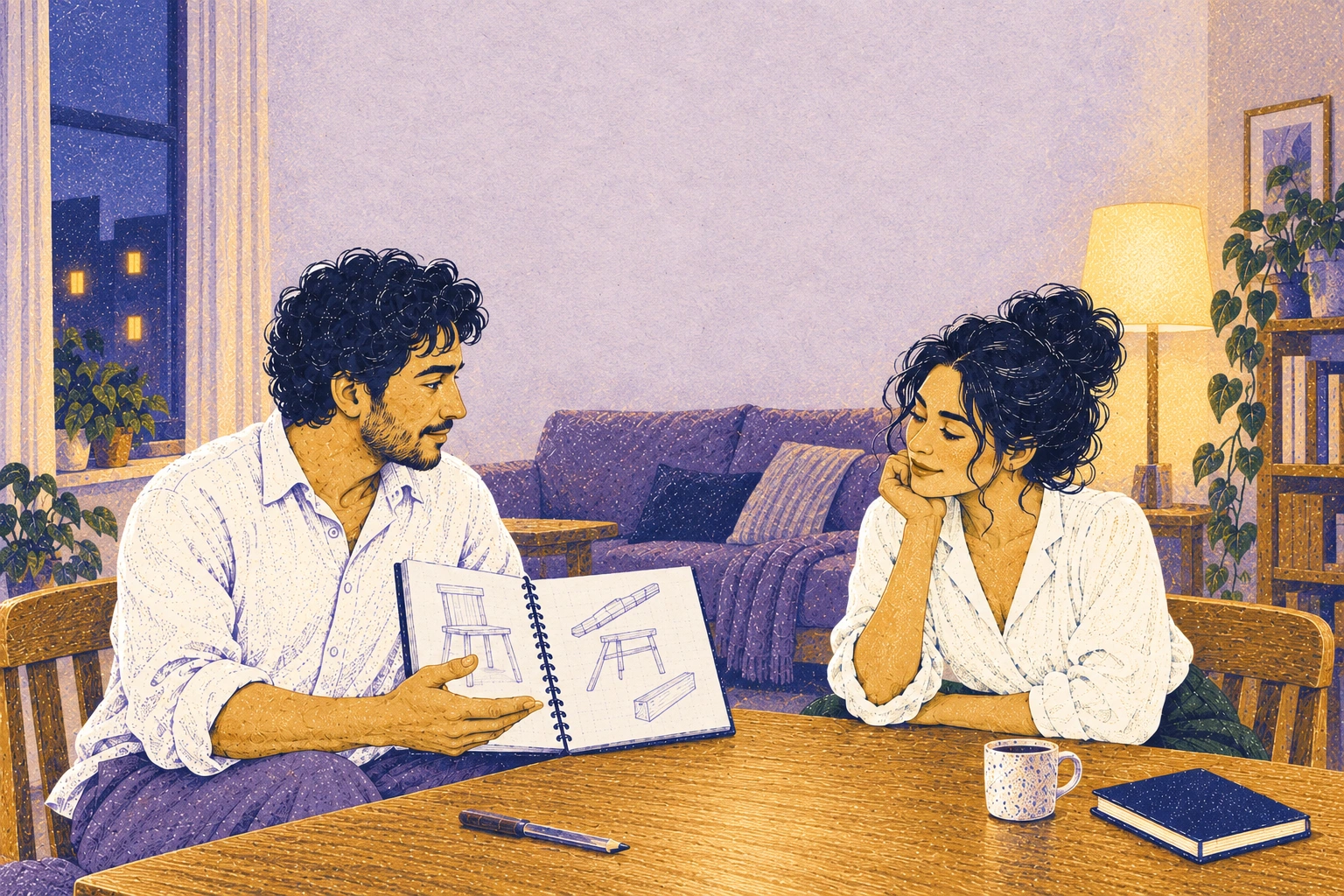 Two-shot: Eli at left proudly shows Mara his notebook, Mara at right curious rather than judgmental