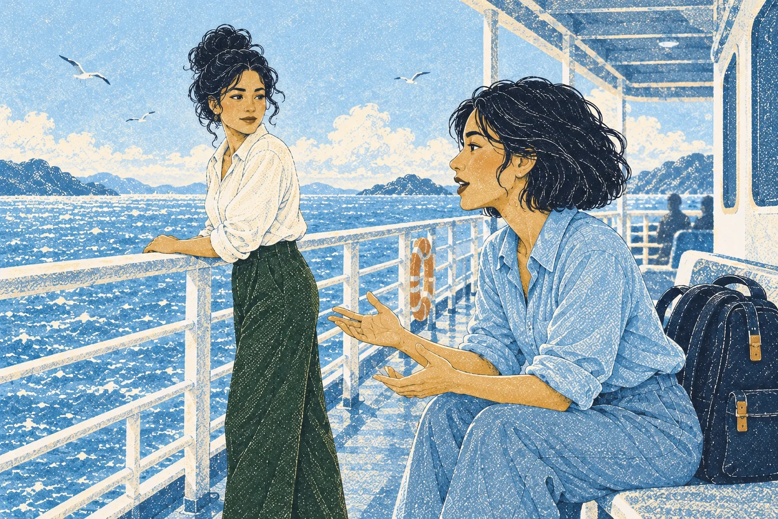 Noor speaks from bench while Mara holds railing and listens. Oblique ferry railing depth.