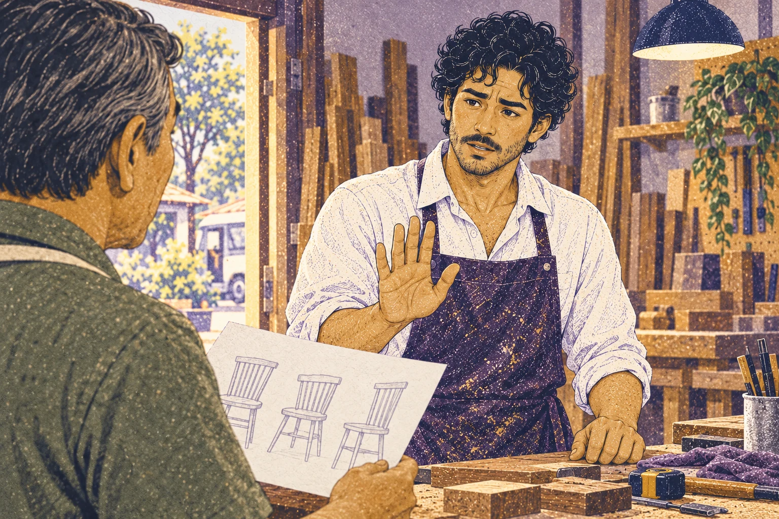 Eli raises a hesitant refusing palm toward the larger order.