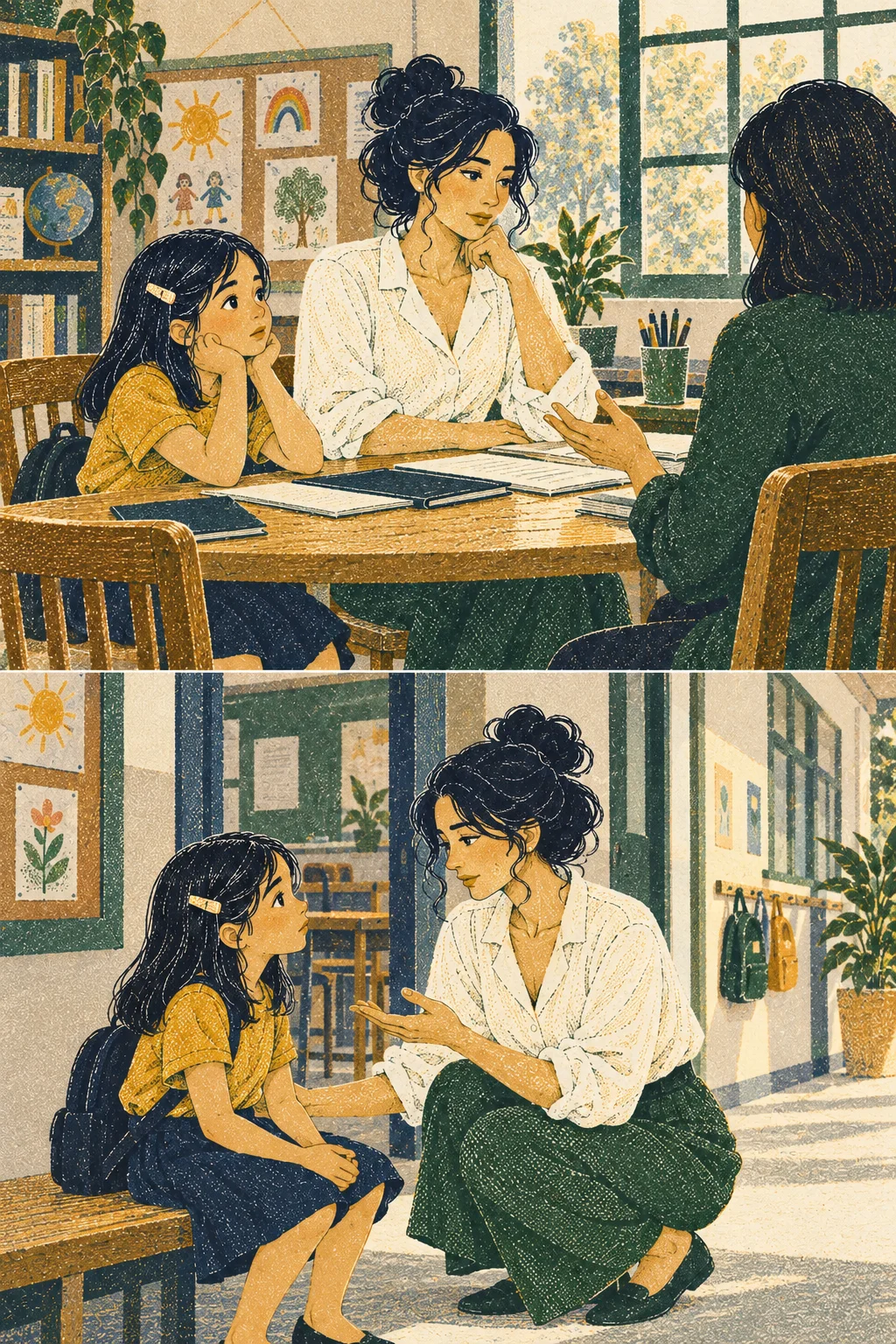Medium: Mara at daughter’s eye level outside classroom explains calmly, no defeated slump or false cheer