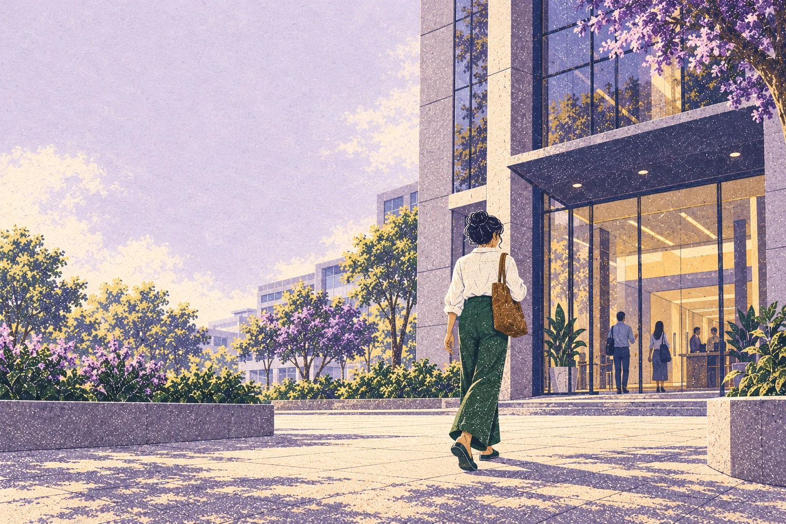 Wide: Mara walks toward a modern office building, small figure against taller geometry, no fantasy or symbols