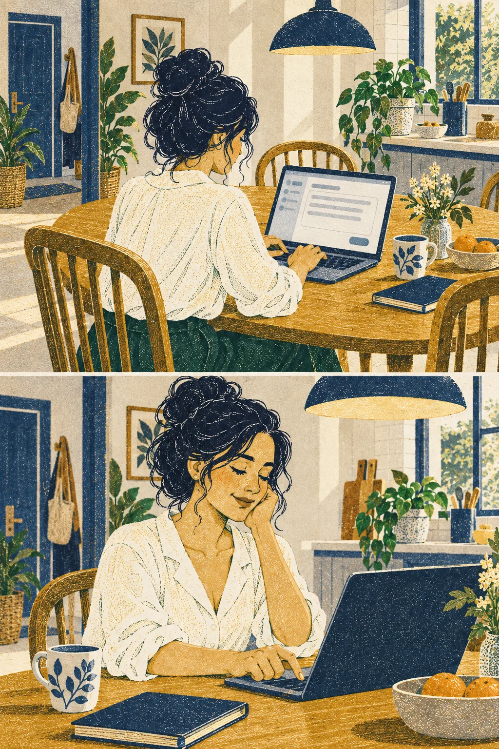Over-shoulder: Mara drafting a message at her home table, several abstract grey lines on laptop, no text