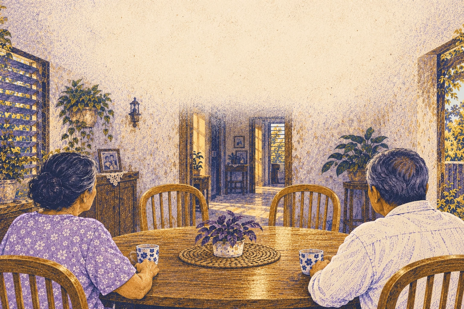 Parents sit behind the table looking toward absent family members.