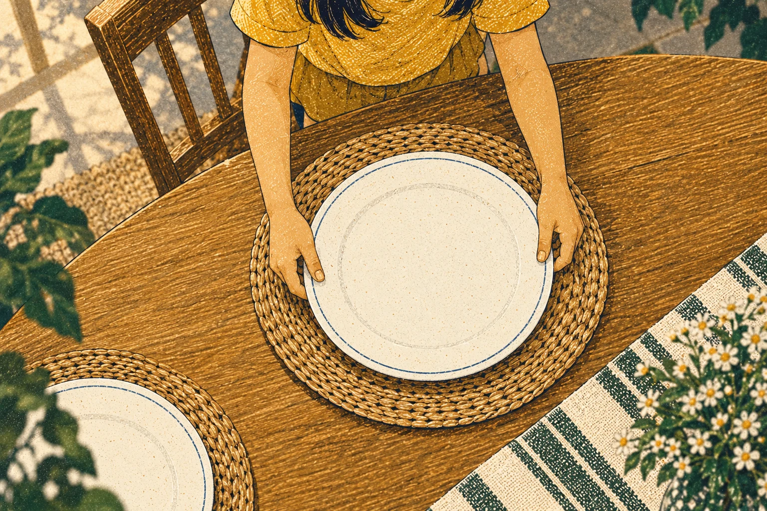 Daughter sets plate. overhead detail.