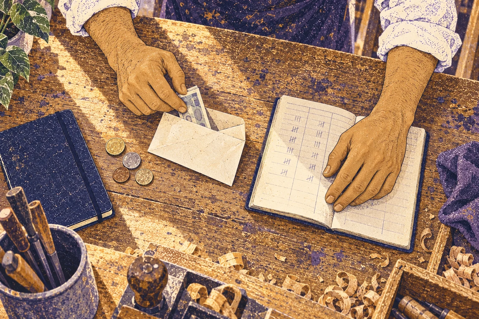 Eli places modest savings in an envelope beside a ledger.