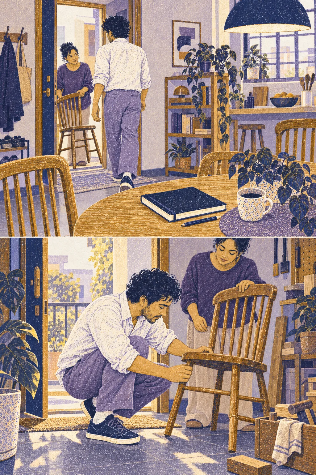 Wide from inside Eli’s apartment: navy notebook stays on foreground table as Eli crosses the doorway toward neighbor’s broken chair