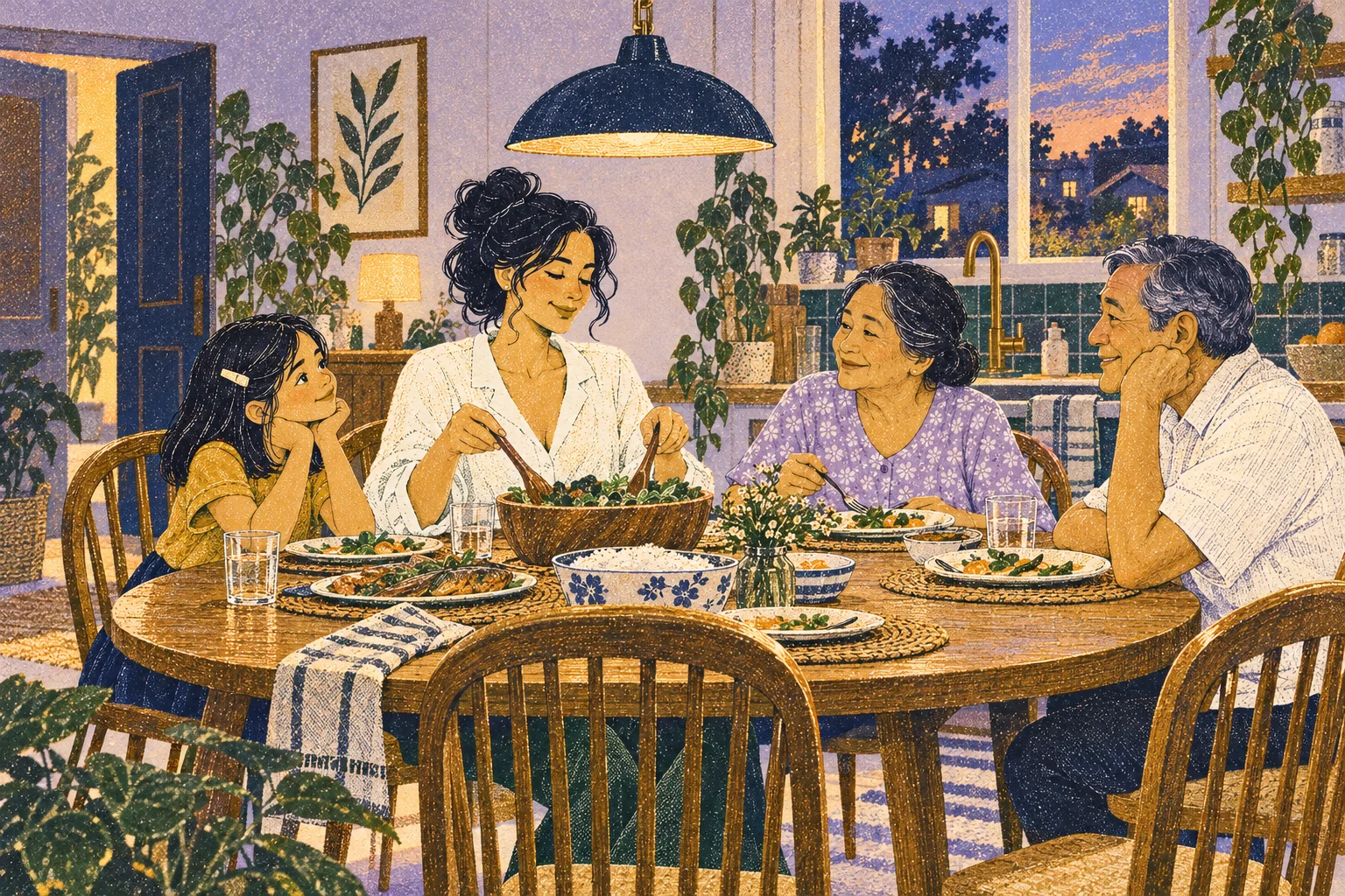 Wide: Mara imagines a modest warm family meal at her oval wooden table; herself, daughter and two elderly parents present, right-hand window, navy pendant, plants; softened lavender edges communicate an imagined future