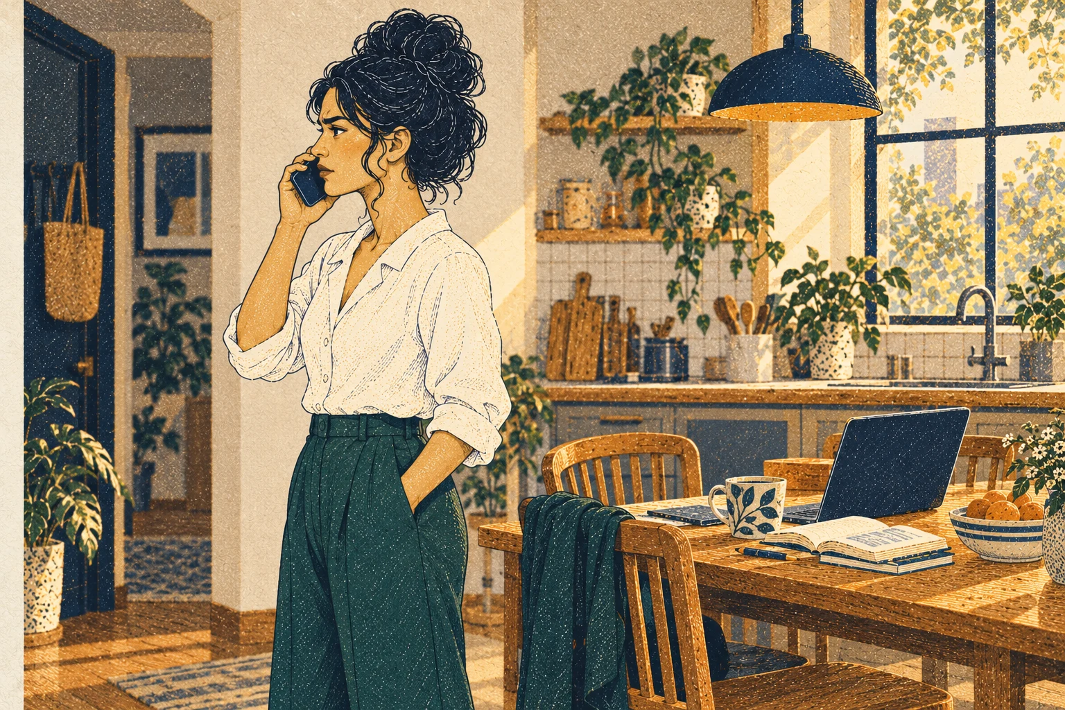 Mara makes an irritated call, one hand at phone and one in pocket. Standing side profile in kitchen.