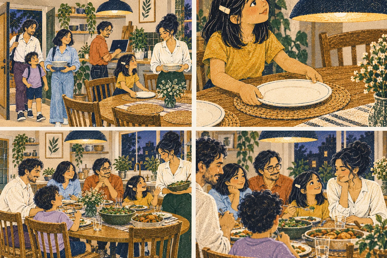 Wide kitchen arrival: Eli and curly-haired son enter at left, Noor carries dishes, Jonas closes laptop on side shelf, Mara near table, daughter setting plates; exactly four adults and two children