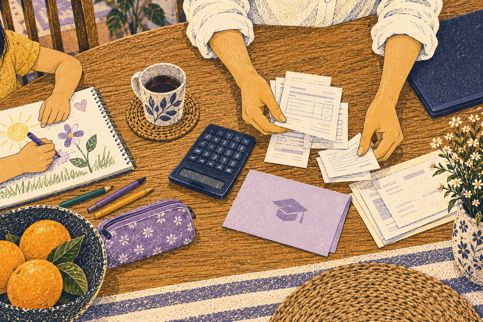Mara sorts household costs while her daughter draws.