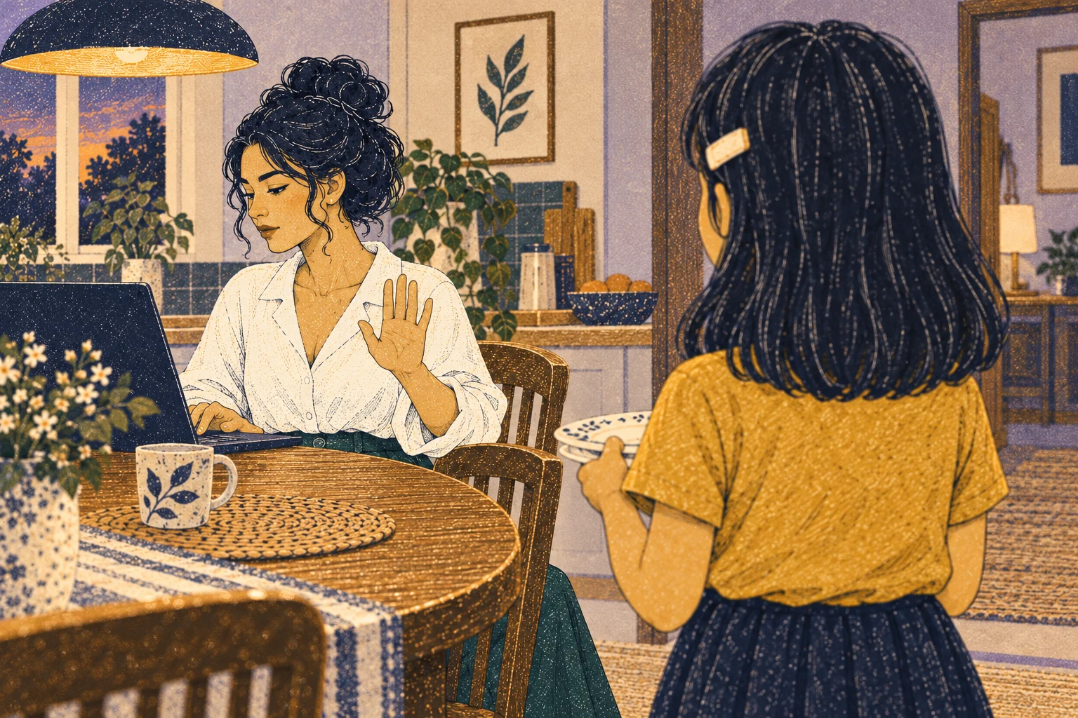 Mara raises a postponing hand while her daughter waits with plates.