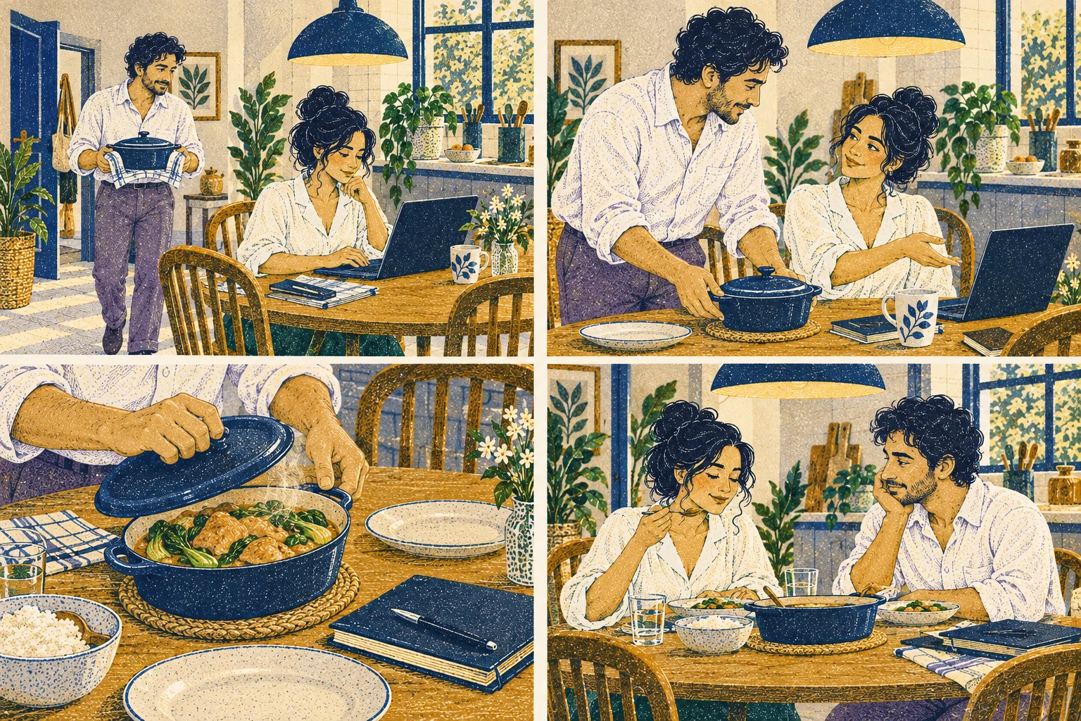 Two-shot: Mara gestures toward a laptop as if offering help; Eli gently sets food in front of her