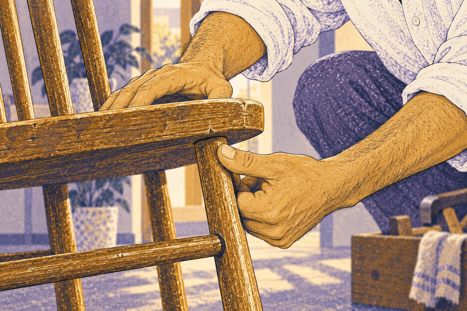 Eli tests the loose joint of a wooden chair.