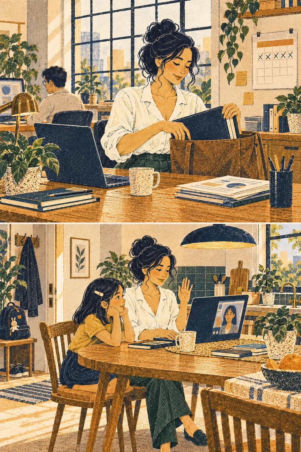 Medium: Mara finishes agreed office work, packs a modest project folder, calendar pages imply time passing without words