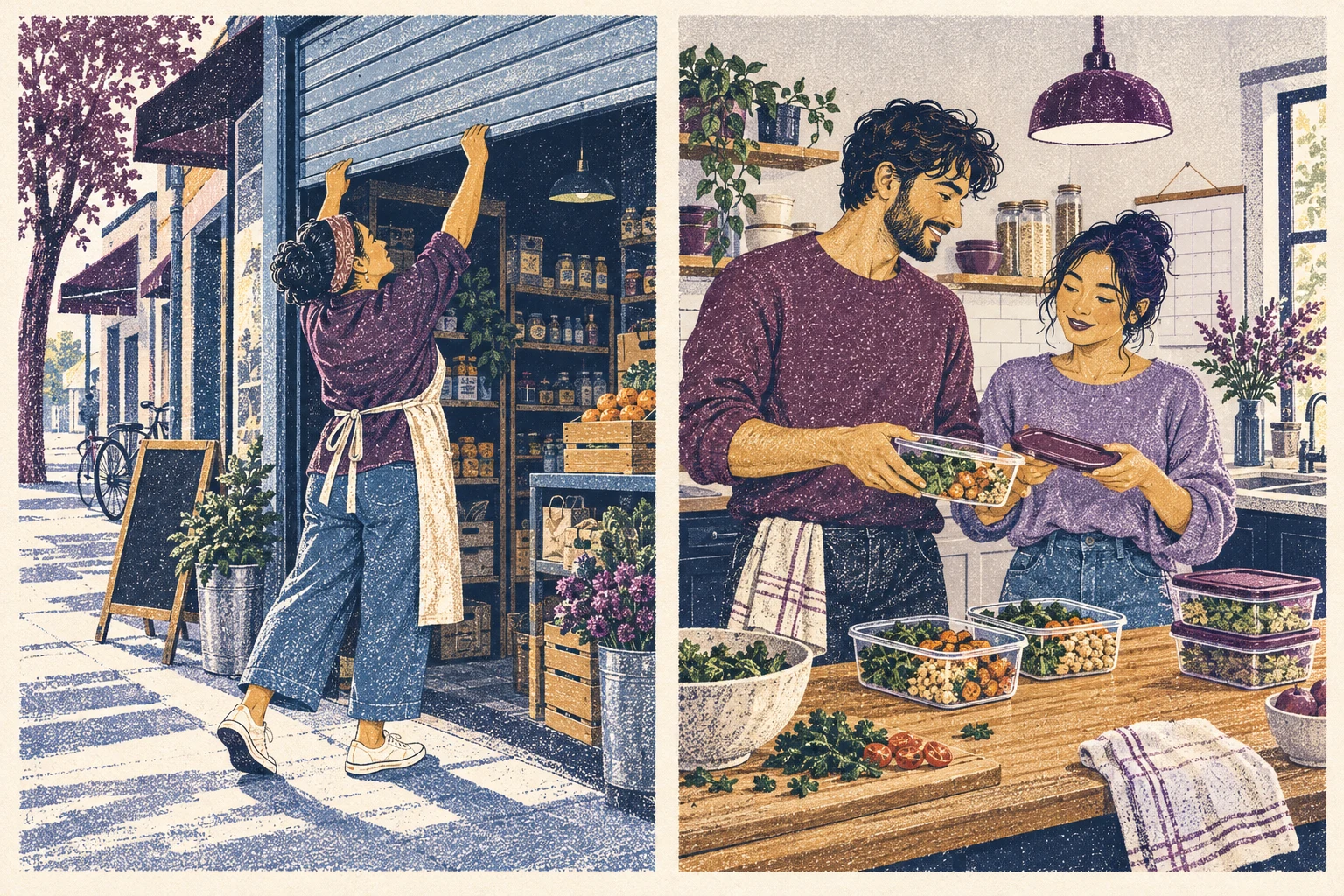 Two adults pass containers and lids as they prepare lunches together.