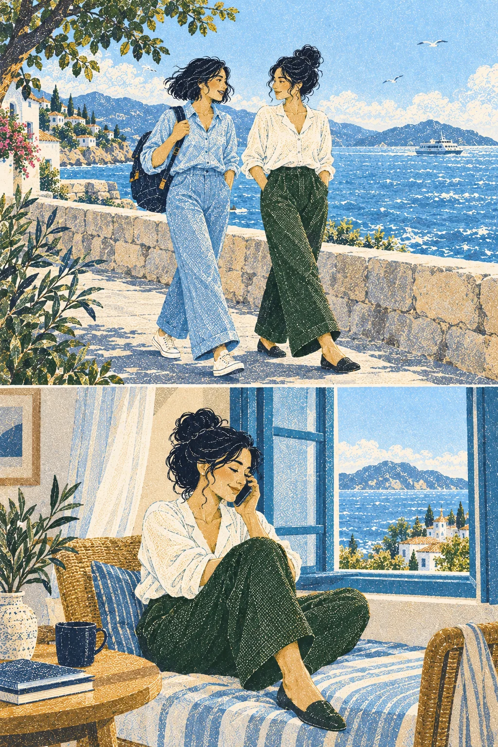 Noor and Mara walk beside sea. Wide full-body walking.