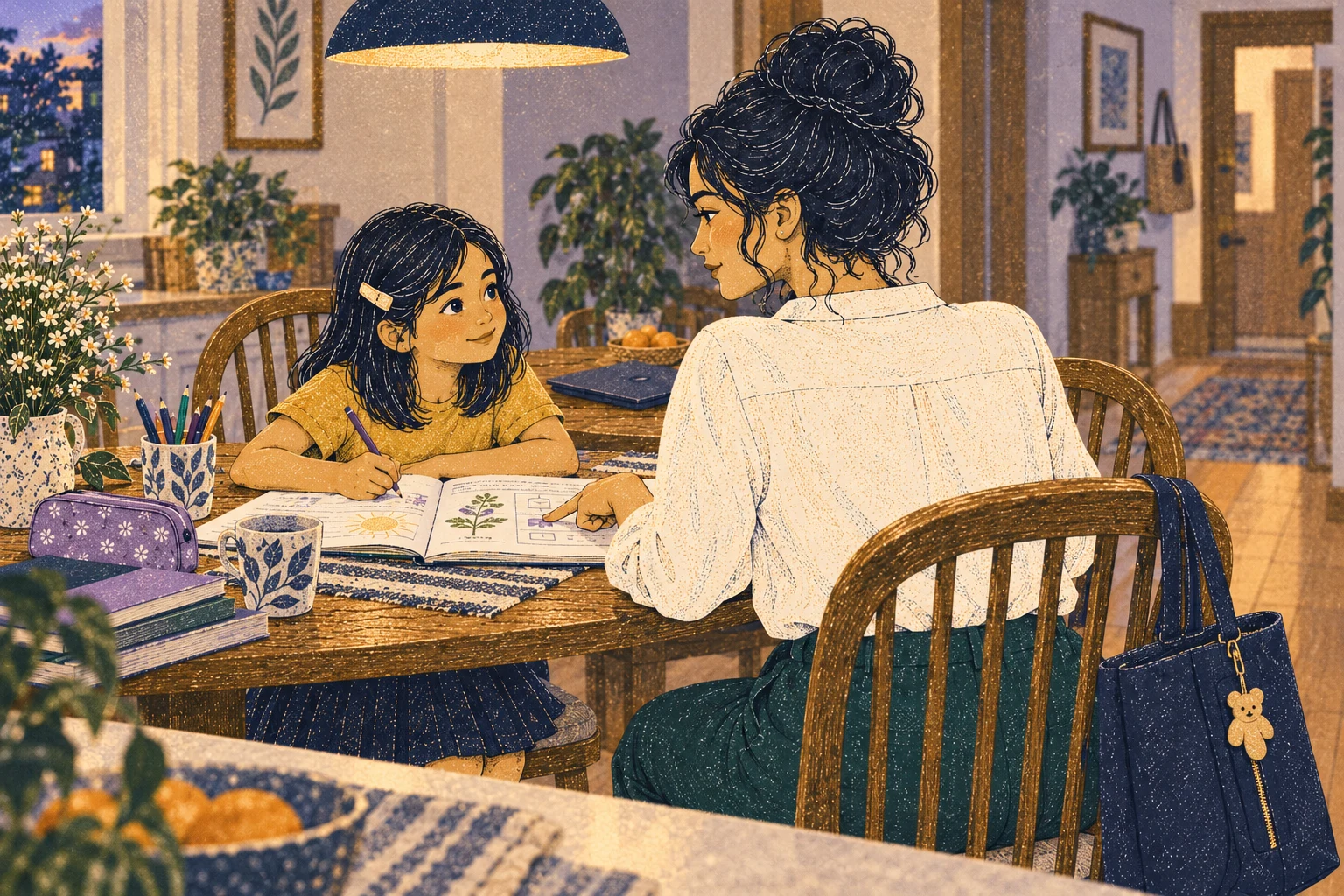 Mara helps her daughter with a schoolbook.