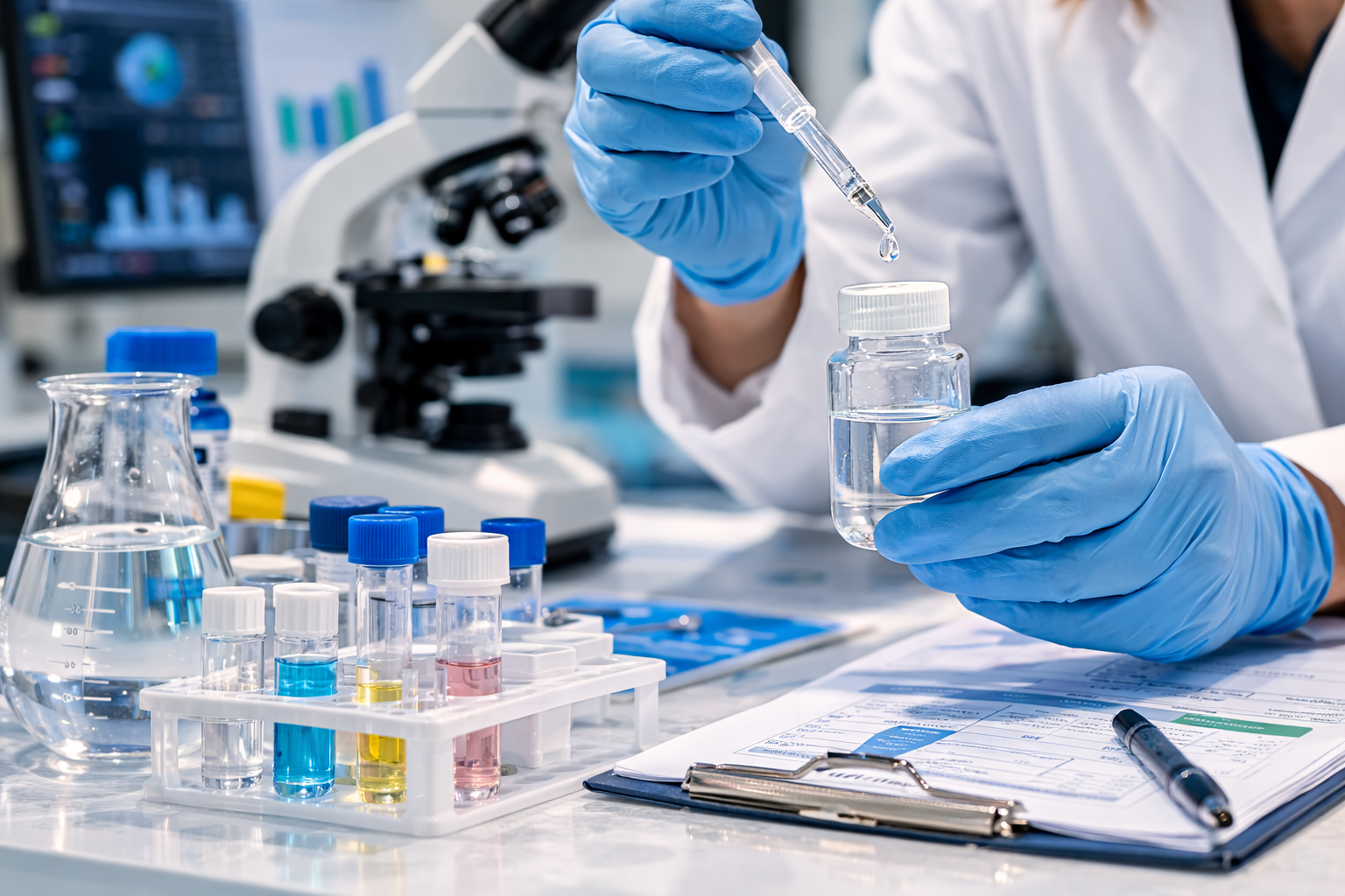 Laboratory technician testing water sample with scientific equipment